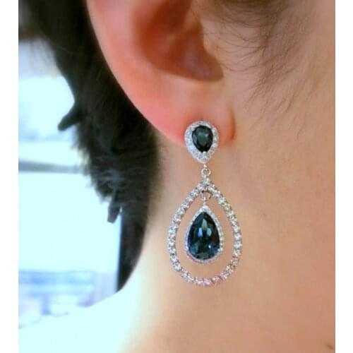 Classic Blue Waterdrop Rhinestone Earrings Fashion Wedding Engagement Bridal Crystal Drop Earrings for Women Charm Jewelry Gift