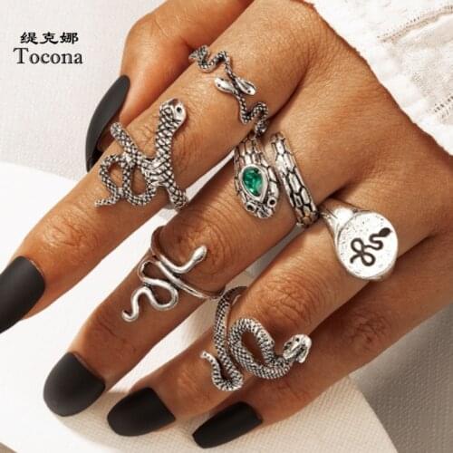 Tocona Vintage Silver Color Snake Joint Ring Sets for Women New Trendy Luxury Rhinestone Geometry Boho Jewelry Anillo 18731