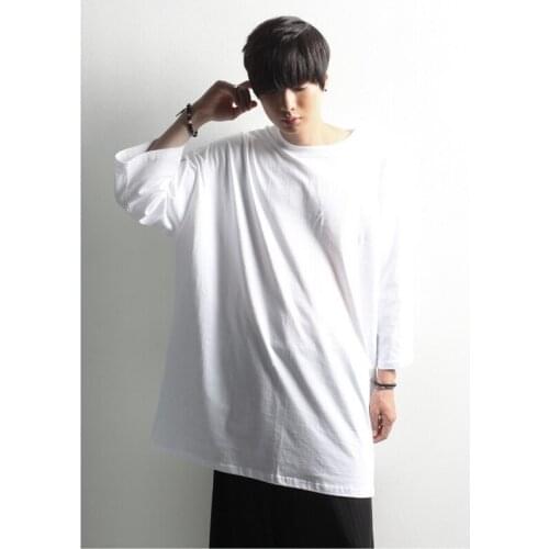 Mens spring and summer casual loose fitting round neck 3 / 4 sleeve solid color off shoulder sleeve T-shirt