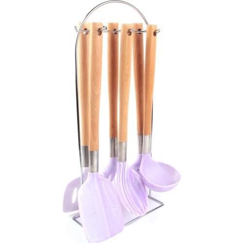 Penguin 7 Piece Wooden Handle Silicone Bucket Set Lilac Kitchen Supplies non-stick Cookware Cooking Tool Spatula Pot Egg Beater