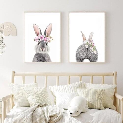 Bunny Rabbit Tail Wall Art Picture Flower Animal Canvas Poster Nursery Print Nordic Wall Painting Kids Baby Room Decoration 163