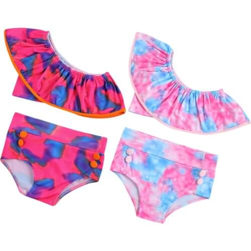 0-5Y Kids Baby Girl Swimwear Two Piece Suit Sleeveless Tie-dye Ruffle Top+Shorts Panty Swimsuit for Swimming Vacation Beach