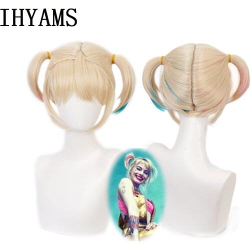 Birds of Prey Short Ponytail Wig Cosplay Costume Heat Resistant Synthetic Hair Harleen Quinzel Party Wigs + Wig Cap