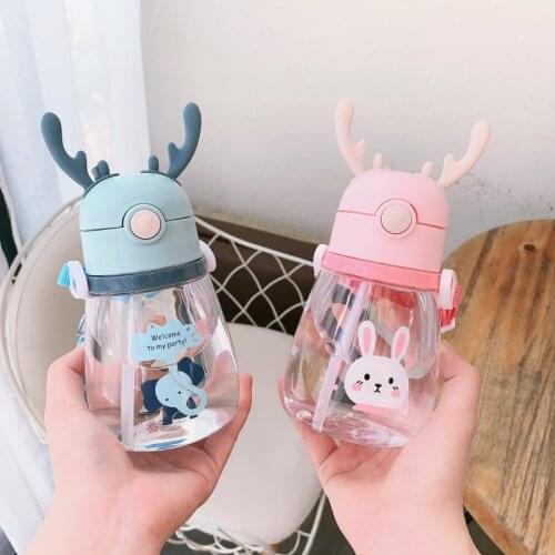 Plastic Water Cup With Straw For Children Summer Drinking Bottles Deer Student Baby Kids Bottles Cartoon Kettle
