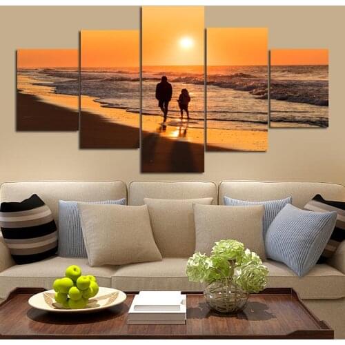 Home Decor Poster Beach Couple Wandering Canvas Painting Seascape Sunset Wall Art 5 Pieces Pictures for Living Room Bedroom Deco