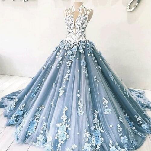 SuperKimJo Robe Mariage Vintage Wedding Dresses Boho Vestido De Noiva Lace Applique 3D Flowers Luxury Blue Wedding Ball Gown