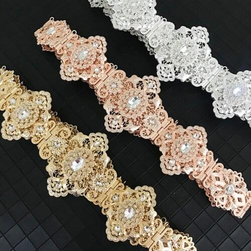 Vintage Algerian woman metal waist chain luxury crystal flowers for wedding exquisite belt adjustable body jewelryمجوهرات
