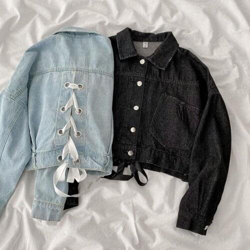 Denim Jacket Korean Solid color Bandage Loose Chaquetas Mujer Short Coat Long Sleeve Women Outerwear Denim Jackets