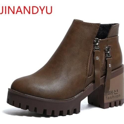 2018 Womens Boots Women Casual Platform Shoes Ladies Square High Heels Short Boots Female Cool Zipper Motorcycle Booties