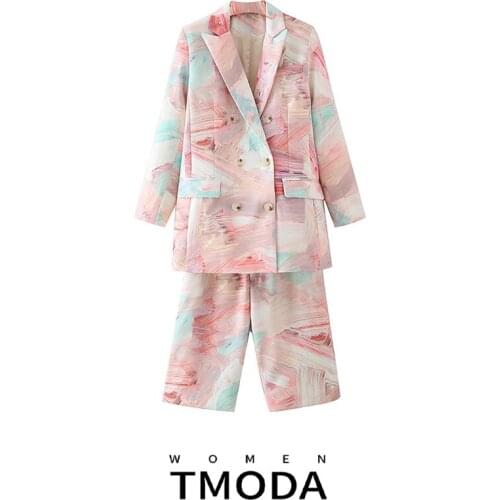 TMODA411 Za Suit Short Sets Women Fashion Graffiti Print Double Breasted Women Blazers Jackets and Middle Pants Two Pieces Sets
