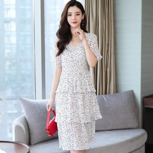 Womens 2020 Short-sleeved Dress Women Stitching Summer Temperament V-neck Mid-length Chiffon Printed Wave Dot Cake Dresses Z992