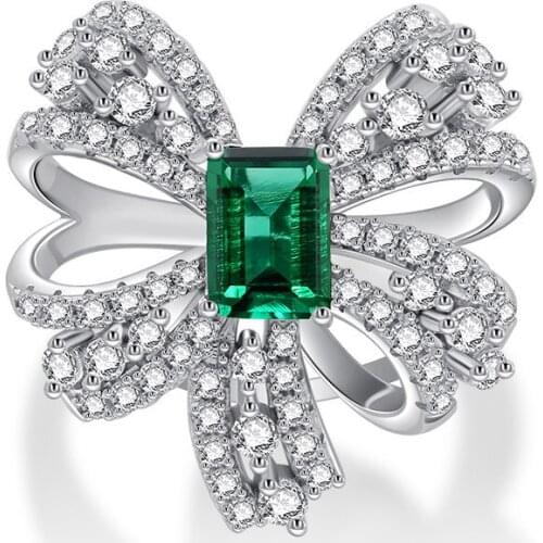 100% Solid Silver 925 Jewlery Bowknot 5x7MM Emerald Simulated Moissanite Diamond Rings For Women Wedding Bands Fine Jewelry Ring