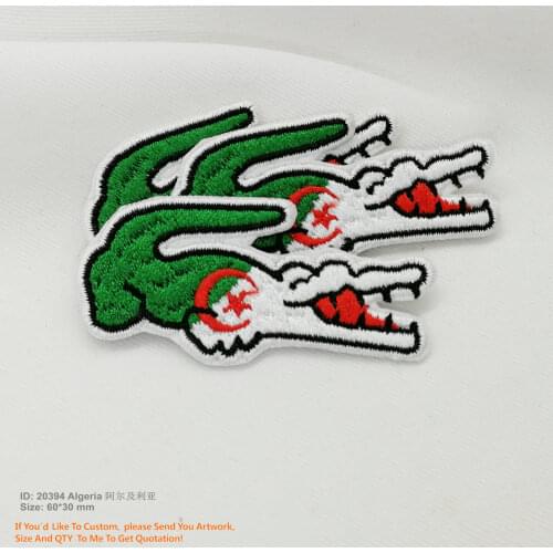 Free Shipping Algeria Flag Crocodiles Patch Embroidered Iron on Patches Promotion Eco-friendly Handmade 3D Appliqued Custom LOGO