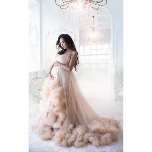 Champagne Maternity Dress for Photoshoot Ruffled Prom Tulle Strapless Baby Shower Shooting Dresses Women Robe Party Gown