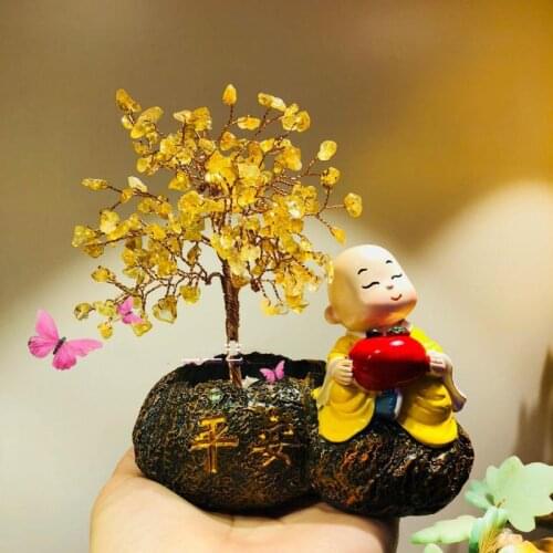 Citrine Lucky Tree monk Crystal Lucky Money Fortune Tree Wealth Chinese Golden Home Office Decoration abletop Ornament Crafts