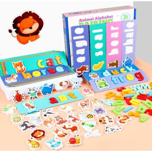 Wooden Montessori Animal Puzzle Word Game Preschool Childrens 26 English Letters Cognitive Matching Practice Card Education Toy