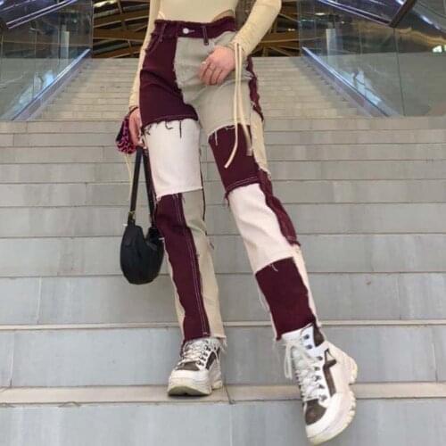 Autumn Women Cowboy Striped Jeans Patchwork Street Casual Hip Hop High Waist Loose Harem Straight Jeans Female Vintage Pants BK