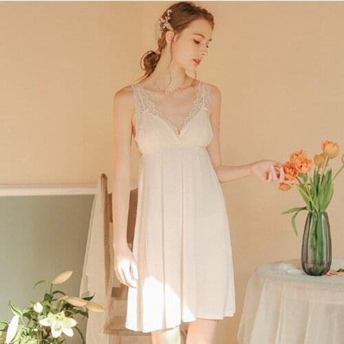 Sling cotton nightdress female thin spring summer nightgowns women sexy lace princess dress girls short home wear night shirt