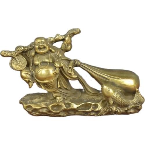 China old Bronze statue decorate Pocket Buddha smiling Buddha Feng Shui worship gods