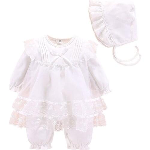 Baby Girls Lace Princess Jumpsuit Newborn Long Sleeve Cotton White Ruffles Baptism Romper First Birthday Clothes Set for Toddler