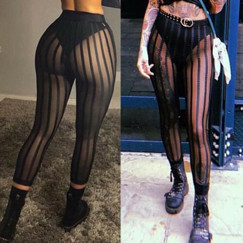 Hot Sale Ladies Women Sexy Mesh Sheer See Through Striped Leggings Pants High Waist Bodycon Black Slim Legging Pants Trousers