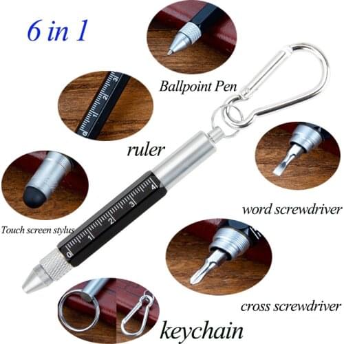 6 In1 Multifunction Ballpoint Pen with Modern Handheld Tool Keychian Measure Technical Ruler Screwdriver Touch Screen Stylus