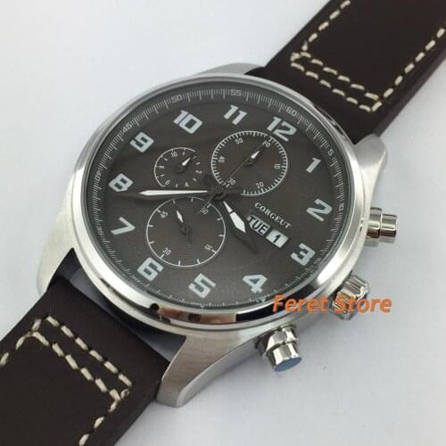 Corgeut 41mm Business chronograph watch silver steel case Luminous hands brown dial date week leather strap mens quartz watch