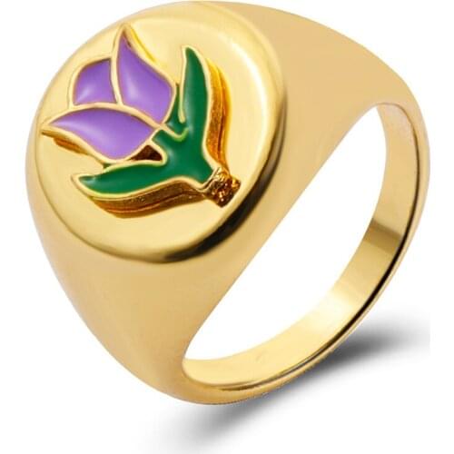 2021 New Korean Gold Metal Rings Vintage Cute Enamel Small Daisy Tulip Heart Taiji Rings Women GIirl Jewelry Gift