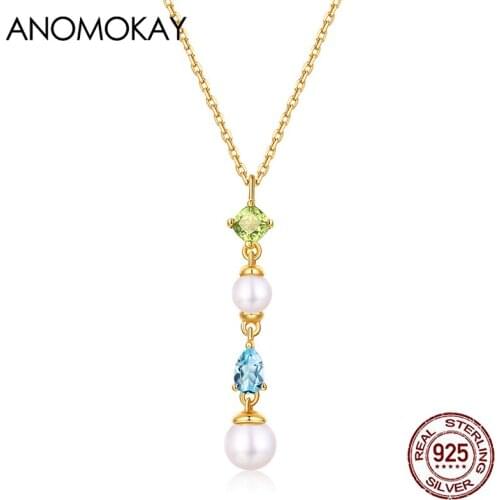 New Palace Literature Pearl & Crystal Dangle Gold Color Necklace for Women Gift Real 925 Sterling Silver Clavicle Chain Necklace