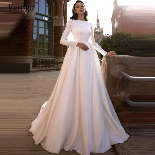Verngo New Simple Satin Wedding Dress 2020 Long Sleeves A Line Bride Gowns 3D Flowers Vintage Arabric Formal Wedding Gowns