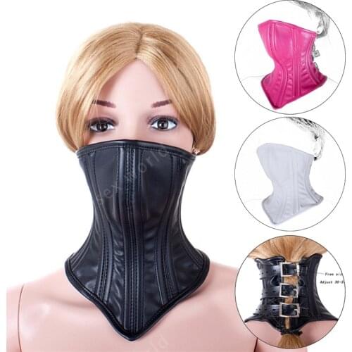Cartilage Support Unisex Collar Lockable Leather Half Face Mask BDSM Restraint Slave Fetish Posture Collar,SM Adult Game Sex Toy