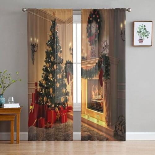 Christmas Tree Wreath Gifts Fireplace Tulle Curtains for Living Room Decoration Modern Chiffon Sheer Voile Kitchen Curtain