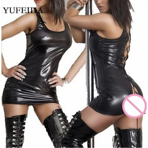 YUFEIDA Sexy Women Dress Erotic Faux Leather Black Latex Catsuit Bodysuit Dance Bodycon Wetlook Female Clothes