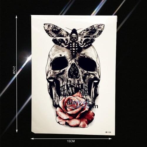 Gray Skull With Moths Rose Flower Arm Tattoo For Men Women Fake Tatoo Body Back Art Waterproof Temporary Tattoo Stickers PHB-123