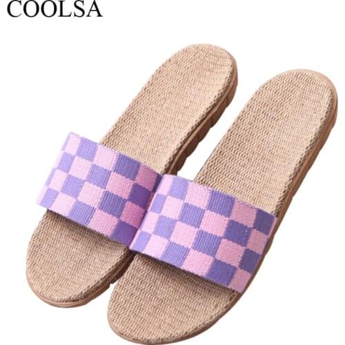 COOLSA Womens Plaid Linen Slippers Indoor Non-slip Flax Slippers Breathable Lightweight Flip Flops Beach Slippers Women Slides
