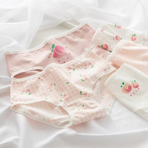 Cute Sweet Womens Panties Pink Cartoon Peach Stripes Plaid Pattern Lace Underwear Kawaii Soft Breathable Cotton Briefs for Girl