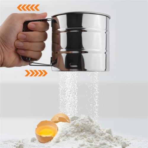 Flour Sifter Automatic Stainless Steel Handle Sieve Powder Cup Baking Icing Sugar Shaker Sieve Cup Pastry Strainer Baking Tools