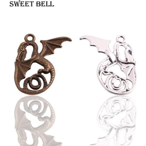 Sweet Bell 20pcs/lot 28*37mm two color Metal Alloy Dragon Jewelry Pendant Charms Animal Charm 3C429