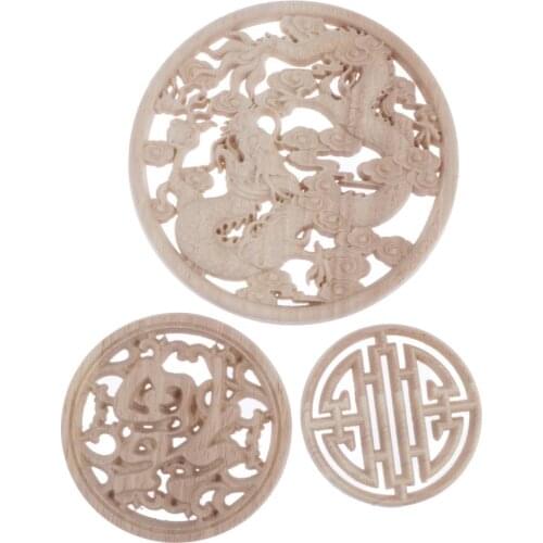 Mixed Pattern Wooden Carved Applique Furniture Unpainted Mouldings Decal Onlay Home DIY Decor, 3 Pieces