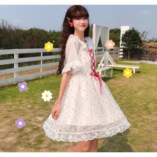 Japanese Style Sweet and Cute Lace Doll Collar Chiffon Shirt Lace Edge Printed Strap Dress Womens Suit Summer lolita dress