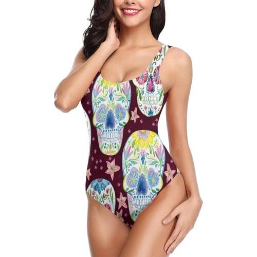 Womens One-Piece Bathing Suits Sexy Padded Sporty Swimsuits Teen Girls Sugar Skull On Floral Watercolor Flower plus size