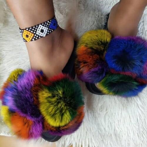 Fox Hair Slippers Women Fur Home Fluffy Sliders Plush Furry Summer Flats Sweet Ladies Shoes Large Size 43 Hot Sale Cute Pantufas