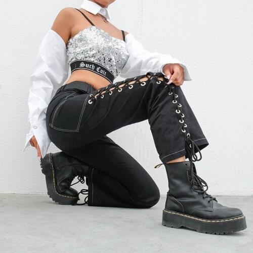 Punk Side Cross Lace-up Straight Pant Black Women 2021 Cargo High Waist Pants Long Trousers Capris Pocket