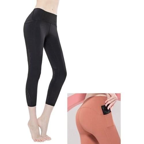 Yoga Sports Pants for Ladies Breathable High Elastic Fitness Tights Hollow Out Middle Waist Running Workout Leggings with Pocket