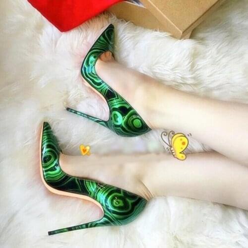 Green Black Printed Leather Pumps Mixed Patchwork 12cm Stiletto Heels Dress Shoes Pointed Toe Shallow Women Pumps Big Size 45
