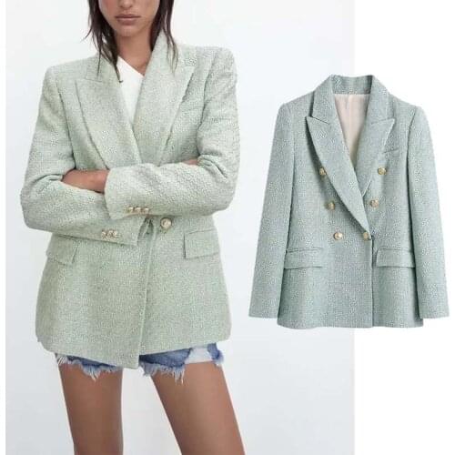 Klkxmyt Za Blazer Women Fashion Double Breasted Tweed Check Blazers Coat Vintage Long Sleeve Pockets Female Outerwear Chic Veste