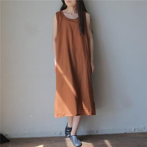 Johnature 2021 Summer 5 Colors Vintage Loose Dress Women Sleeveless Solid Color O-neck Thin Simple Render Comfortable Dress New