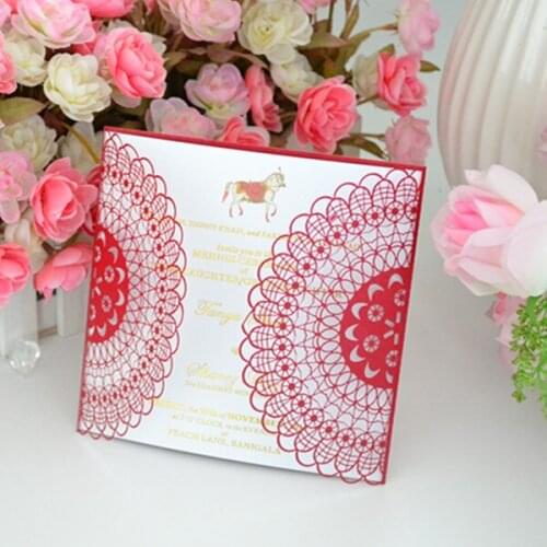 50 pcs red Wedding Celebration Birthday Party Invitation Card Delicate Laser Cut Carved HIgh-grade fine Flowers