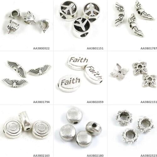 Antique Silver Tone Jewelry Charms Loose Beads Flat Round Lollipop Leaves Spacer Caps Faith Wings Aircraft Airplane Fox Beading