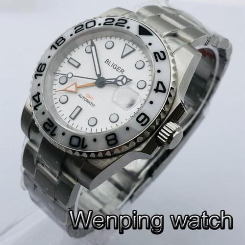 Bliger 40mm Mens Top Luxury Mechanical Watch White Dial Sapphire Glass Ceramic Bezel Date Window GMT hand Automatic watch